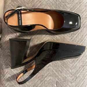 Angel Alarcon black patent platform sling back, new. Made in Spain.
